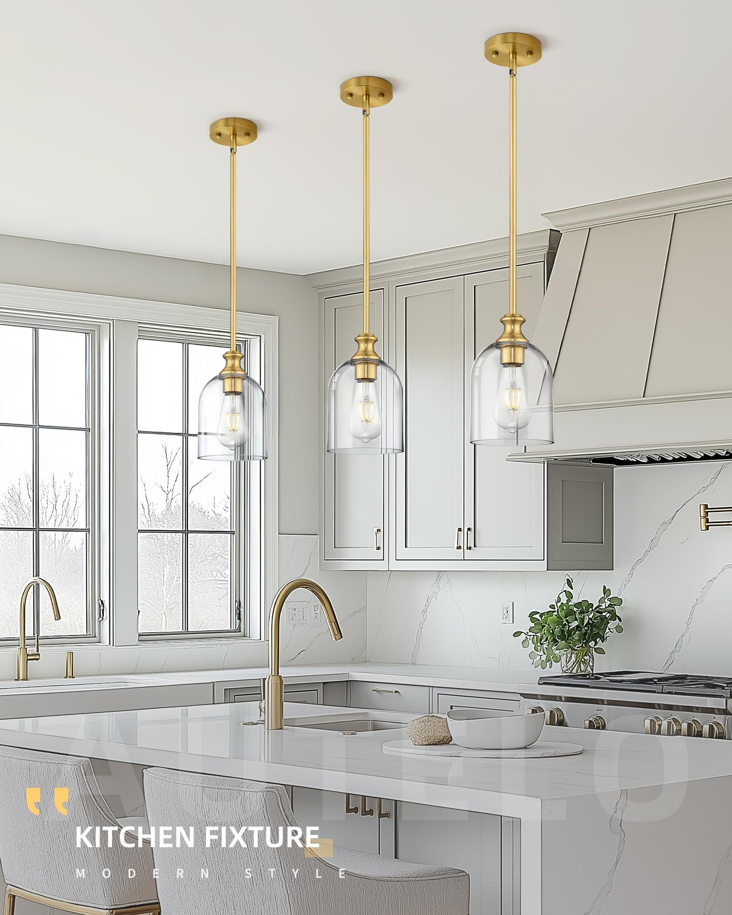 Autelo Gold Pendant Lights, 1-Light Pendant Lights Kitchen Island in Brushed Gold Finish with Clear Cylinder Glass, Vintage Pendant Light Fixtures, Vintage Hanging Lights for Kitchen Island H2511 CLBG