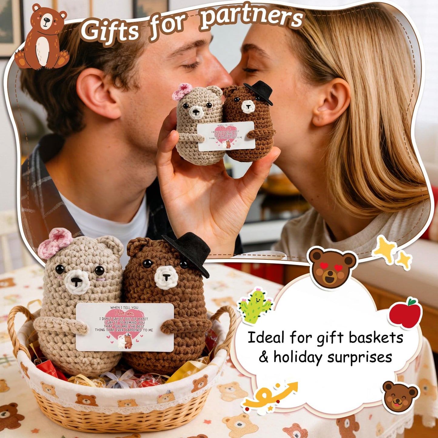 WenmthG Bear Couple Crochet Gift – Handmade Knitted Bear Lovers – Wedding Engagement for Couples, Husband Wife, Boyfriend Girlfriend