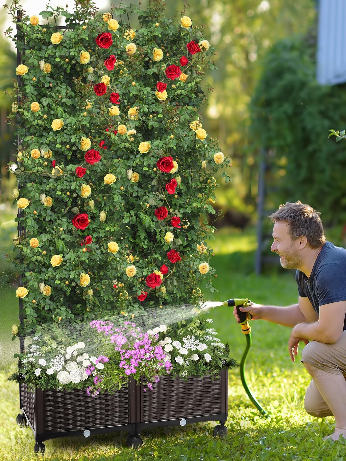 Kalolary 170CM Raised Garden Bed with Metal Trellis, Large Plastic Planter Box with Drainage Hole on Wheels Tomato Planters Climbing Trellis Outdoor Indoor for Climbing Plants Vegetable Flowers Vine