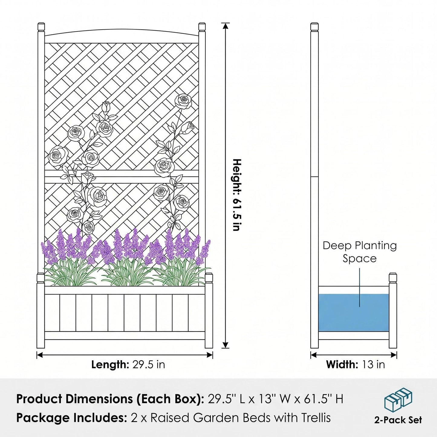 ActiveTrail 2 PCS Raised Garden Bed with Trellis, 61.5" Wooden Planter Box Outdoor with Drainage Holes and Locking Wheels, Privacy Planters for Patio, Climbing Plants, Vegetables, Balcony & Yard
