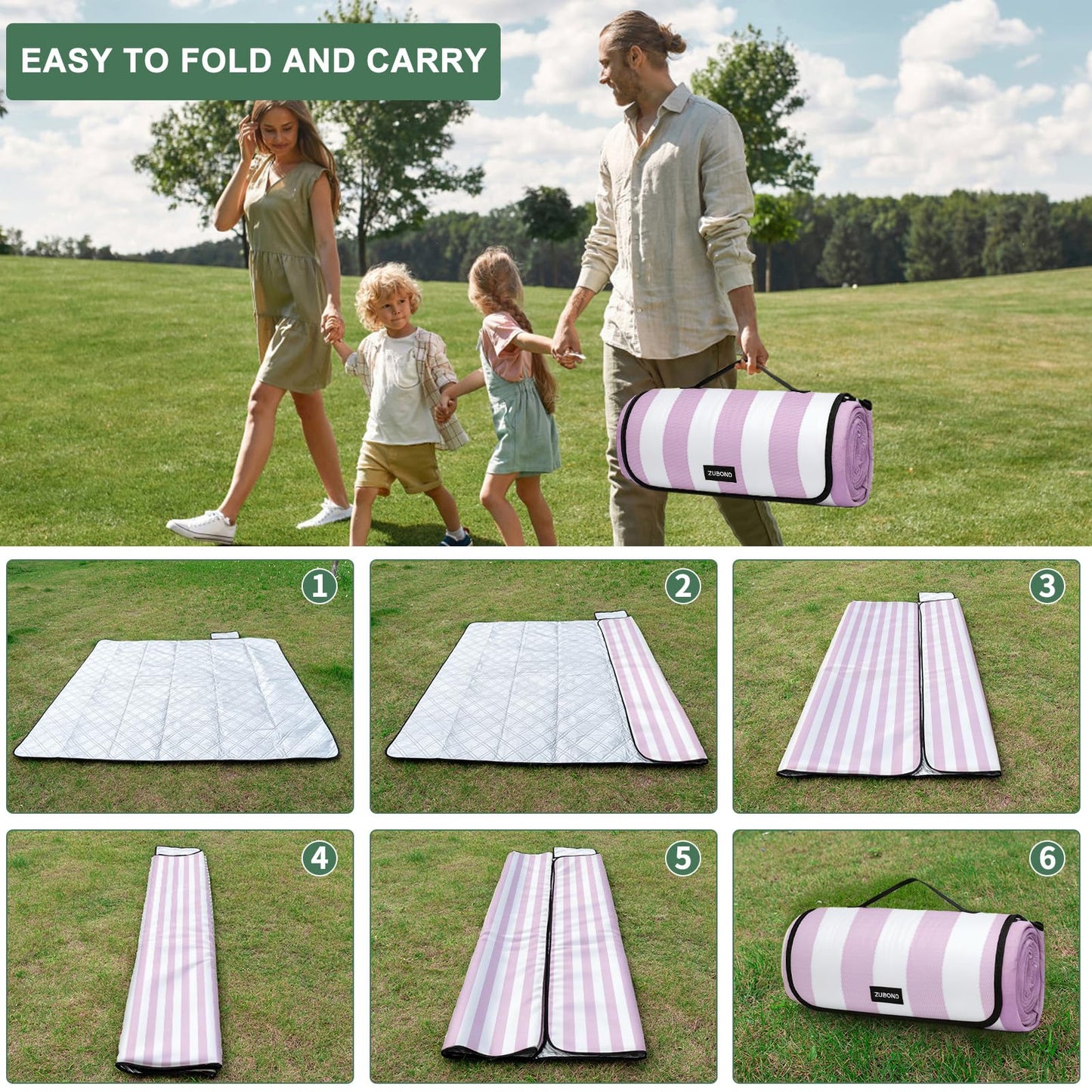 ZUBOND Picnic Blanket 80''x80'', Waterproof Sandproof Beach Outdoor Camping Mat Extra Large Foldable Gingham Big Travel Essential Accessories Gift Park Patio Lawn Garden Grass Ground Music Festival