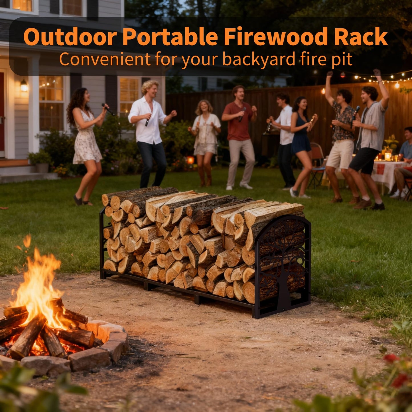 ZONVEOKE 4ft Firewood Rack Outdoor Indoor, Heavy Duty Log Storage Holder with Artistic Tree Silhouette Sides, Steel Wood Pile Stand for Backyard, Patio & Porch, Holds 1/4 Cord Firewood