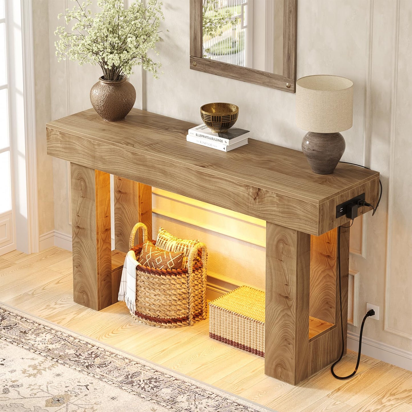Unikito 47" Entryway Table with Socket and Sensor Light, Narrow Console Table with Storage Behind Couch, Farmhouse Entry Way Tables with Open Storage for Entrance/Hallway/Living Room, Natural Oak