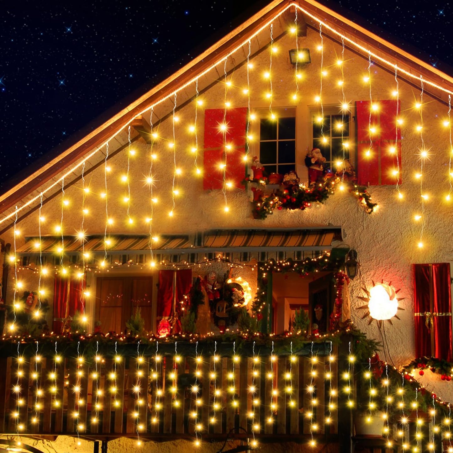 JREWDOIN 131FT Christmas Lights Outdoor 1440 LED Christmas Decorations Waterproof Plug in with 8 Modes & Timer Christmas Lights for Roof Party Garden Holiday Decor（Warm White）