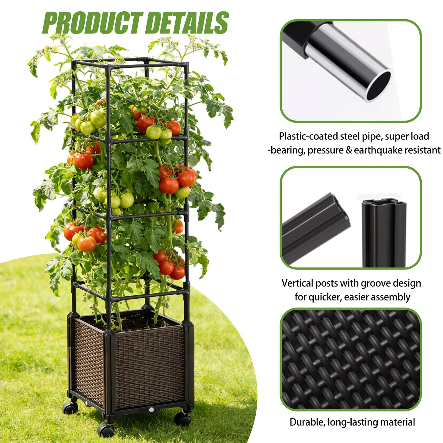 Risirica Tomato planter,Raised Garden Bed with Tomato Cage & Trellis, 53"Self-Watering Tomatos Planter with Lockable Wheels,Climbing Plants Large Reservoir for Vegetables Flowers,Indoor Outdoor Patio