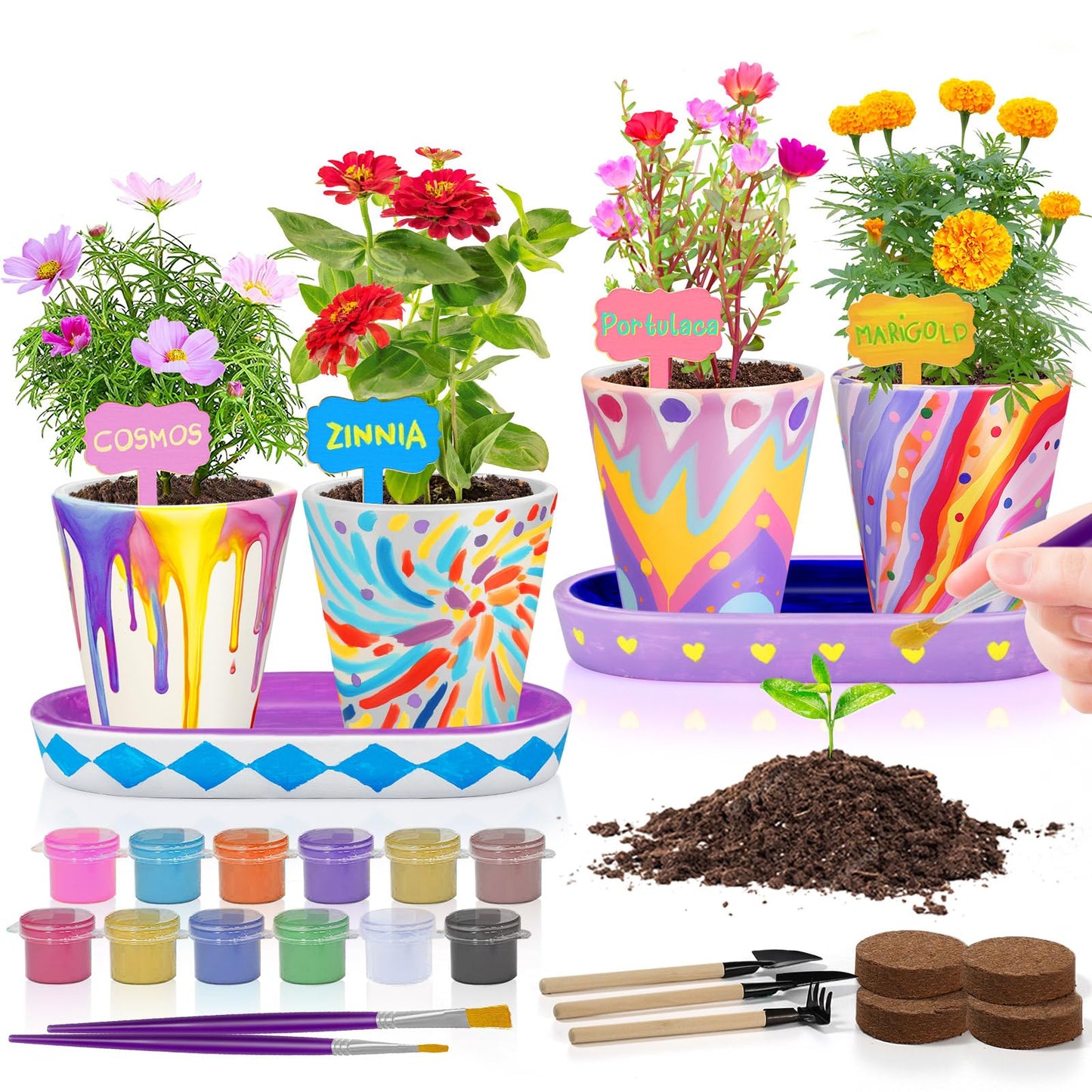 4 Set Paint & Plant Flower Gardening Kit - Gifts for Girls Ages 8-12, Arts and Crafts for Kids Ages 8-12, Kids Gardening Set, Toys Birthday Easter Gifts for Kids Girls Boys Ages 6 7 8 9 10 11 12