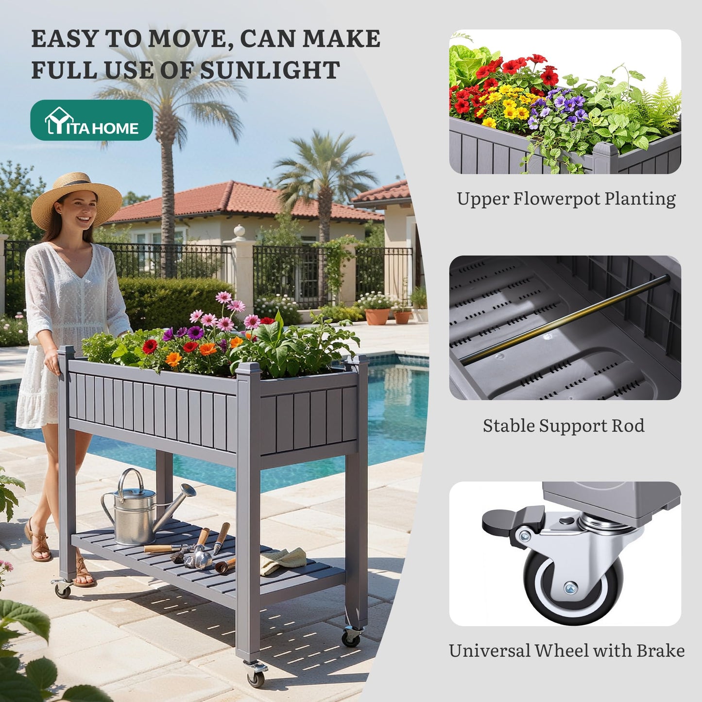 YITAHOME 42.5x17.3x35.4 in Raised Garden Bed, Outdoor Plastic Planter Box with Wheels, Legs, Drain Plug, and Storage Shelf for Plants, Vegetables, Flowers, Herbs, Brown