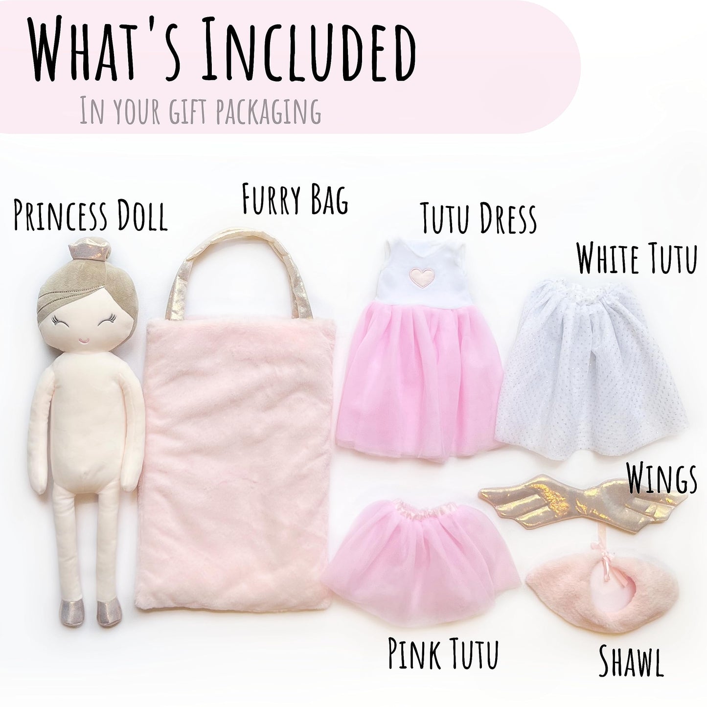 Perfectto Design Ballerina Princess Doll Stuffed Animal for Girls Toy Set - Bag, Tutu, Wings Play for 3 4 5 Year Old Girl Gift for Little Girl, Birthday, Christmas Age 3-9