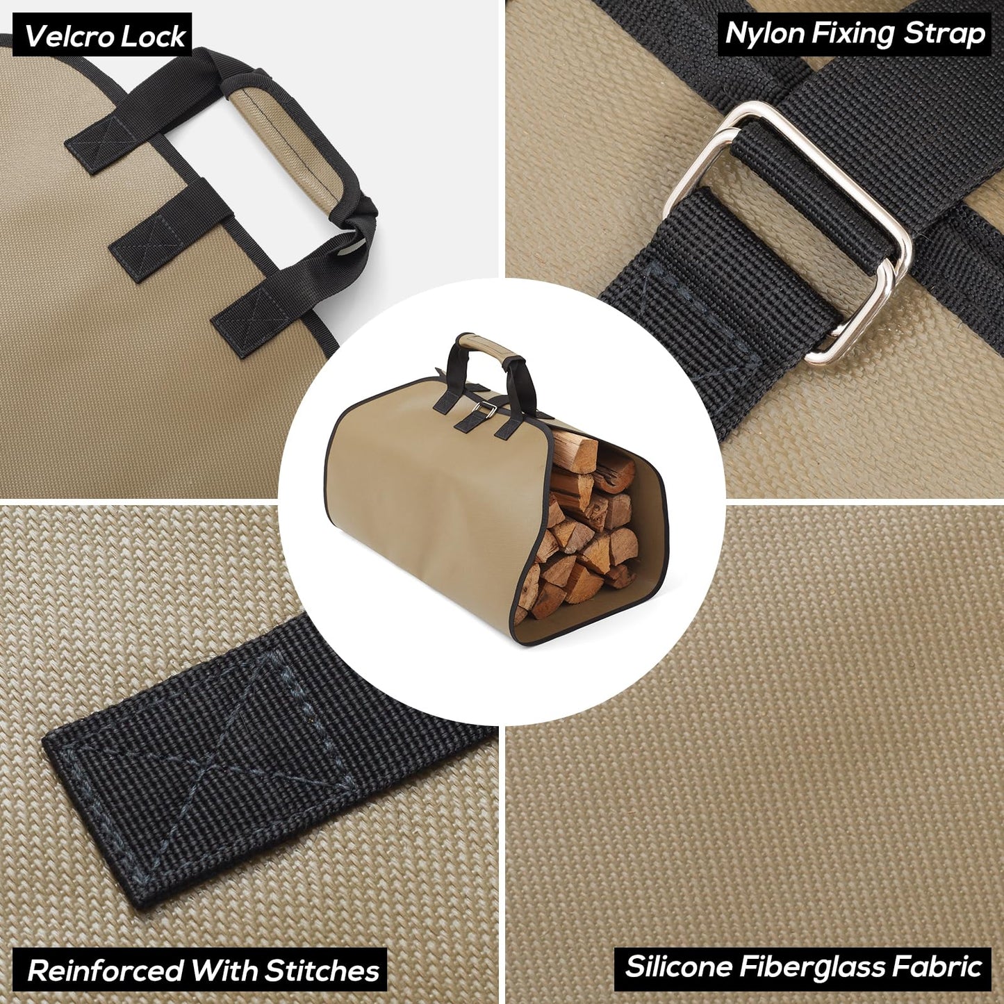 PAWBOSE Fireproof Fireplace Mat Hearth Rug and Firewood Carrier Firewood Bag, Great Gift for Cabin, Large Fire Wood Sling Carrier with Handles, Protect Floors Carpets from Sparks Embers-Tan