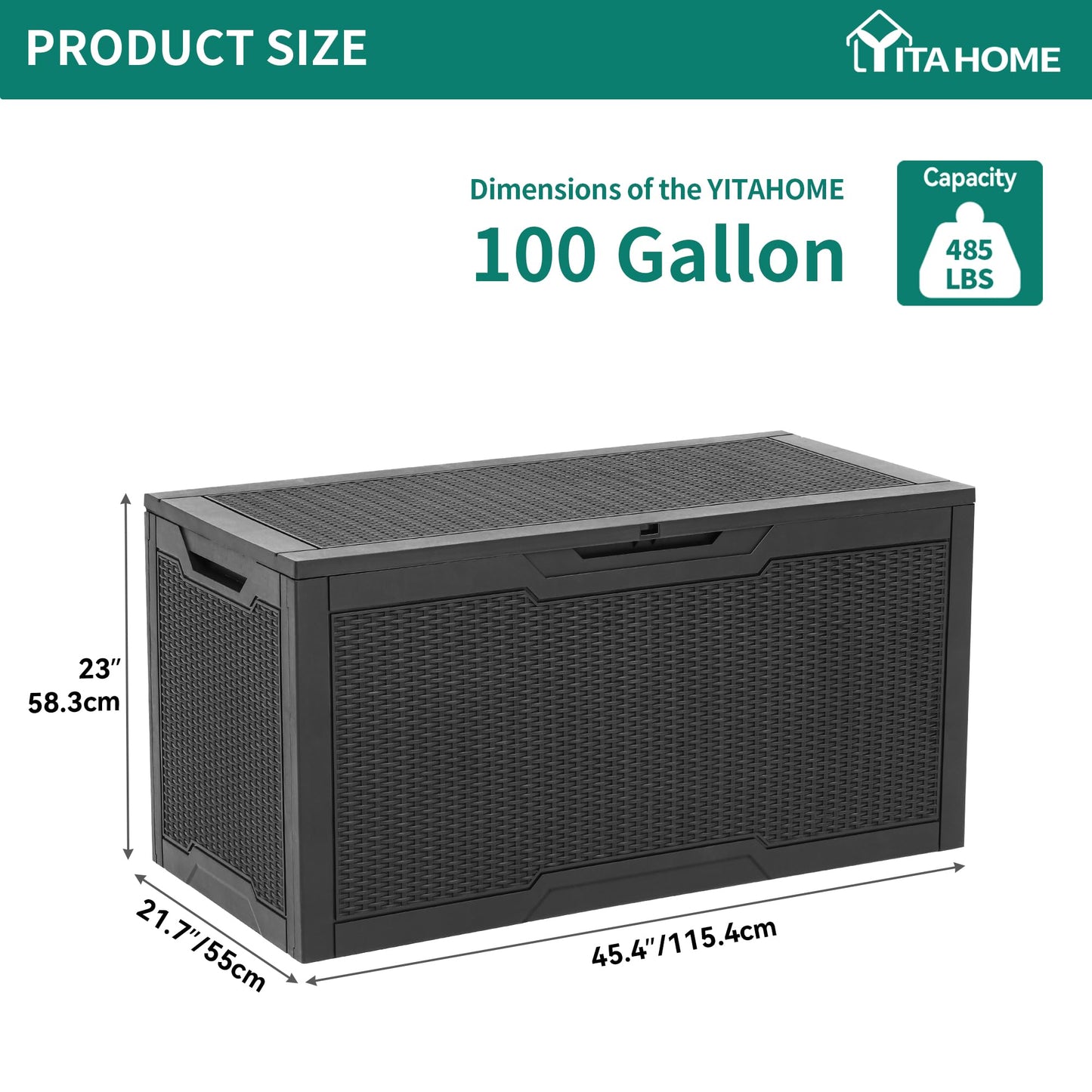 YITAHOME 100 Gallon Resin Deck Box, Weather Resistant Outdoor Storage Box, Lockable Indoor Outdoor Storage for Supplies and Essentials, Black