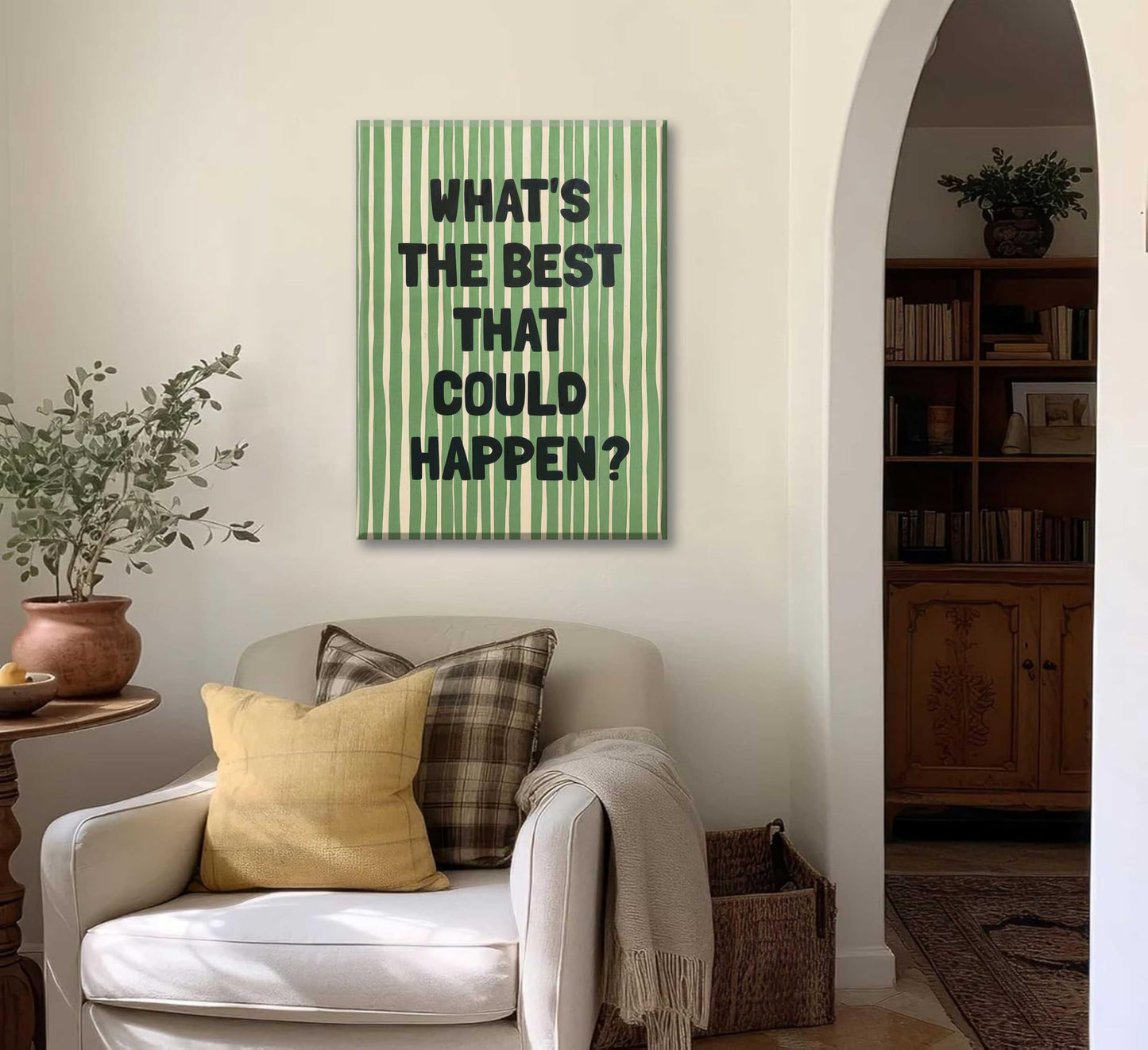 What's The Best That Could Happen Wall Art Green Striped Positive Quotes Canvas Wall Decor Funky Preppy Picture Prints Inspirational Quotes Poster Painting for Bedroom Living Room Picture Framed
