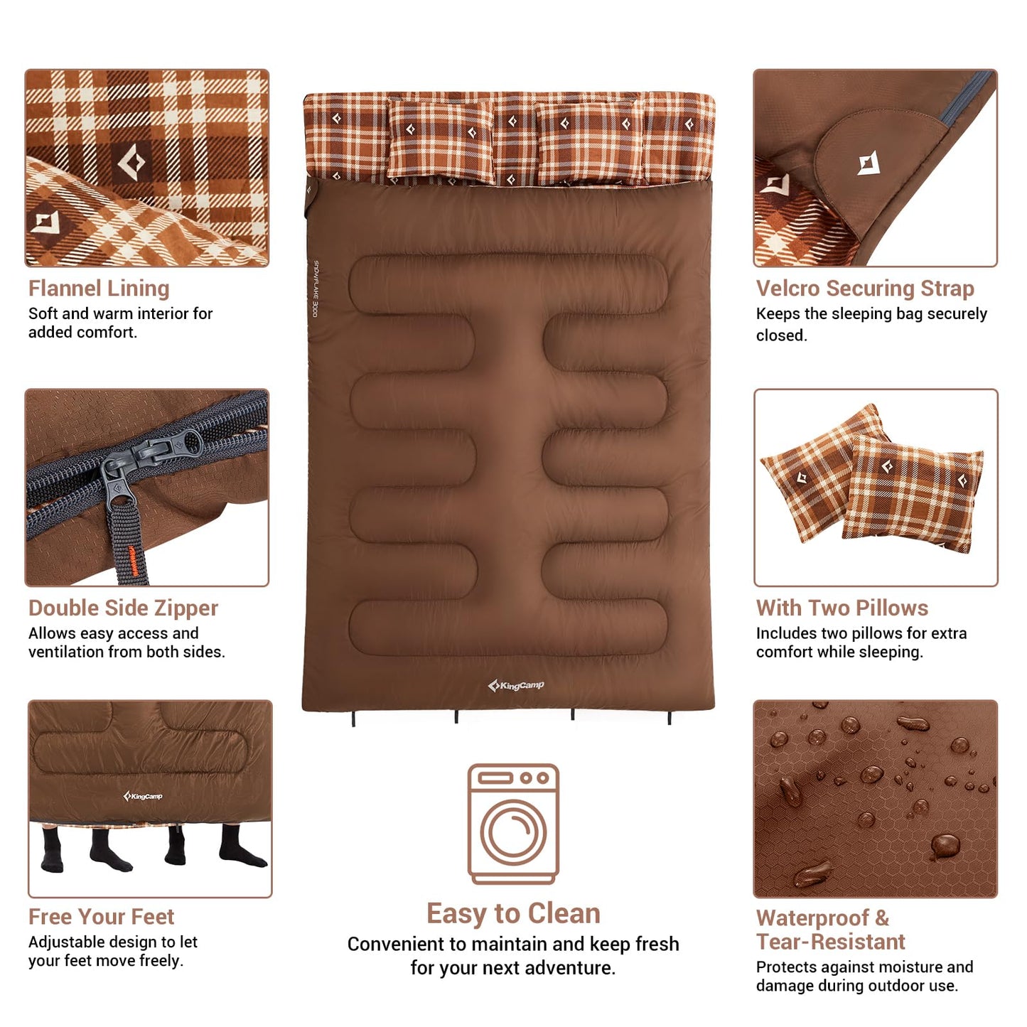 KingCamp Double Sleeping Bag for Adults, Queen Size 2 Person XXL Flannel Sleeping Bag, Waterproof Lightweight Flannel Quilt with 2 Pillows, Perfect for Couples Family Camping Hiking, Coffee