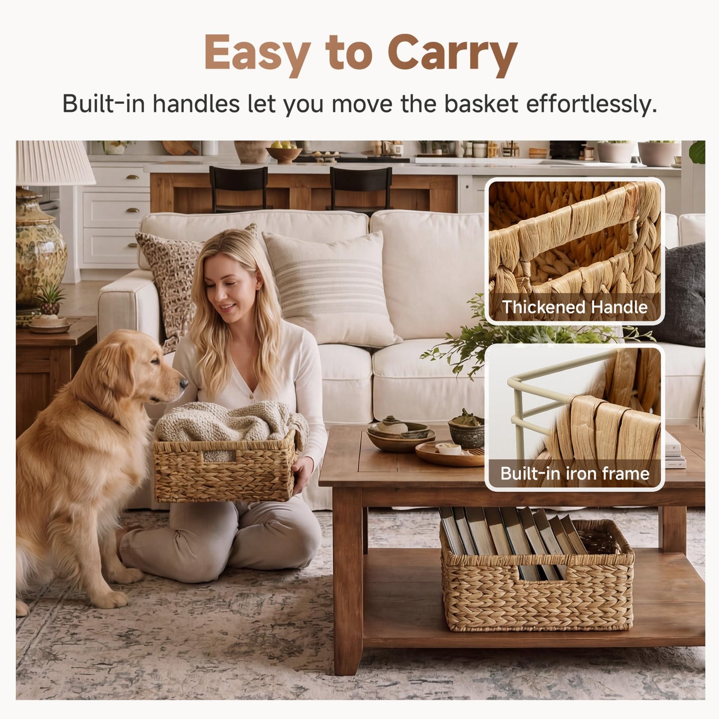 StorageWorks Large Rectangular Wicker Basket, Water Hyacinth Storage Basket with Built-in Handles, 1 Pack