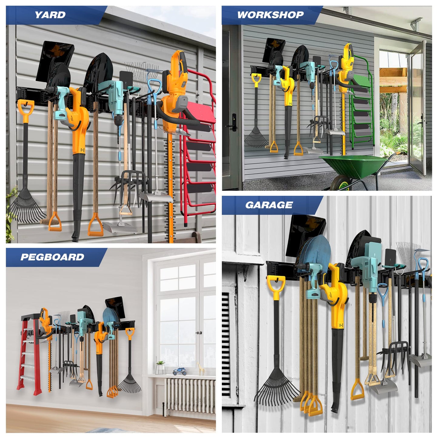 Storaboks Heavy Duty Garage Storage Rack System, Wall Mounted Tool Organizer with 8 Double Hooks, 3 Rails, Garden Yard Tools Hanger for Ski Gears, Broom, Rake, Shovel