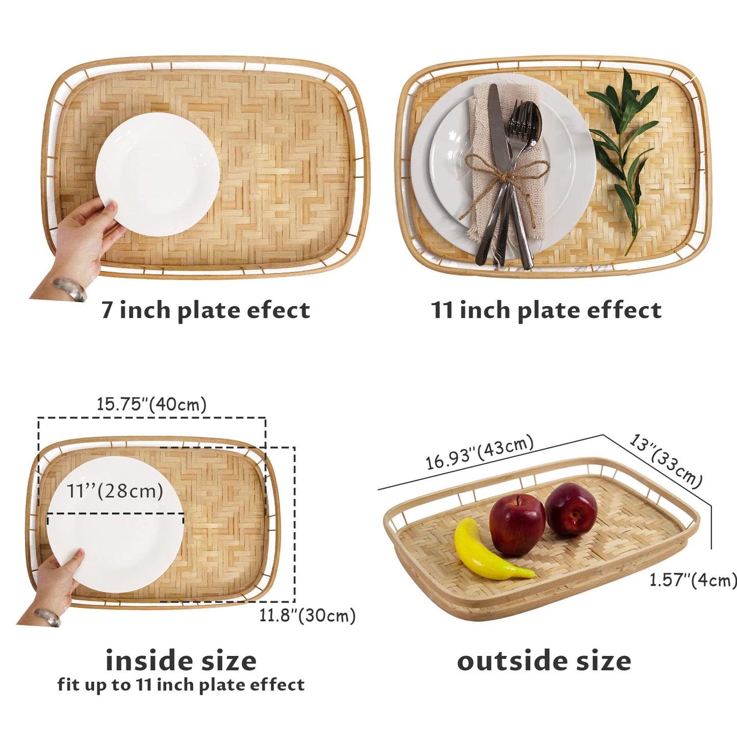 PEMAR Set of 6 Bamboo Wicker Serving Trays for Foods and Drinks, Rectangular Lap Trays for Breakfast. Decorative Bamboo Wood Basket Trays for Coffee Table, Picnic, Bed Eating, Natural