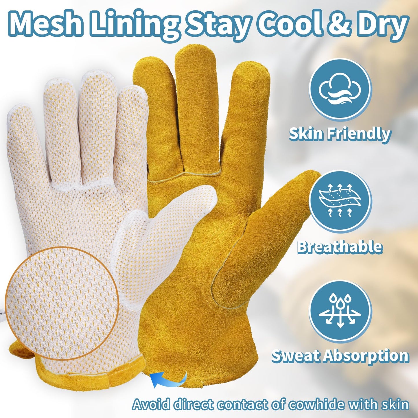 Leather Gardening Gloves for Men Women: Thorn Proof Cowhide Work Gloves with Reinforced Palm, Puncture Resistant Breathable Durable for Yard Work Rose Pruning, Farming, Construction Heavy Duty