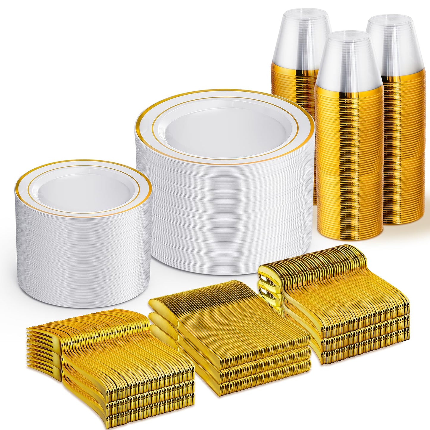 WELLIFE 600 PCS Gold & White Disposable Dinnerware Set for 100 Guests — White Plastic Plates with Gold Rim, Dinner & Salad Plates, Cups, Forks, Knives & Spoons for Weddings & Elegant Events