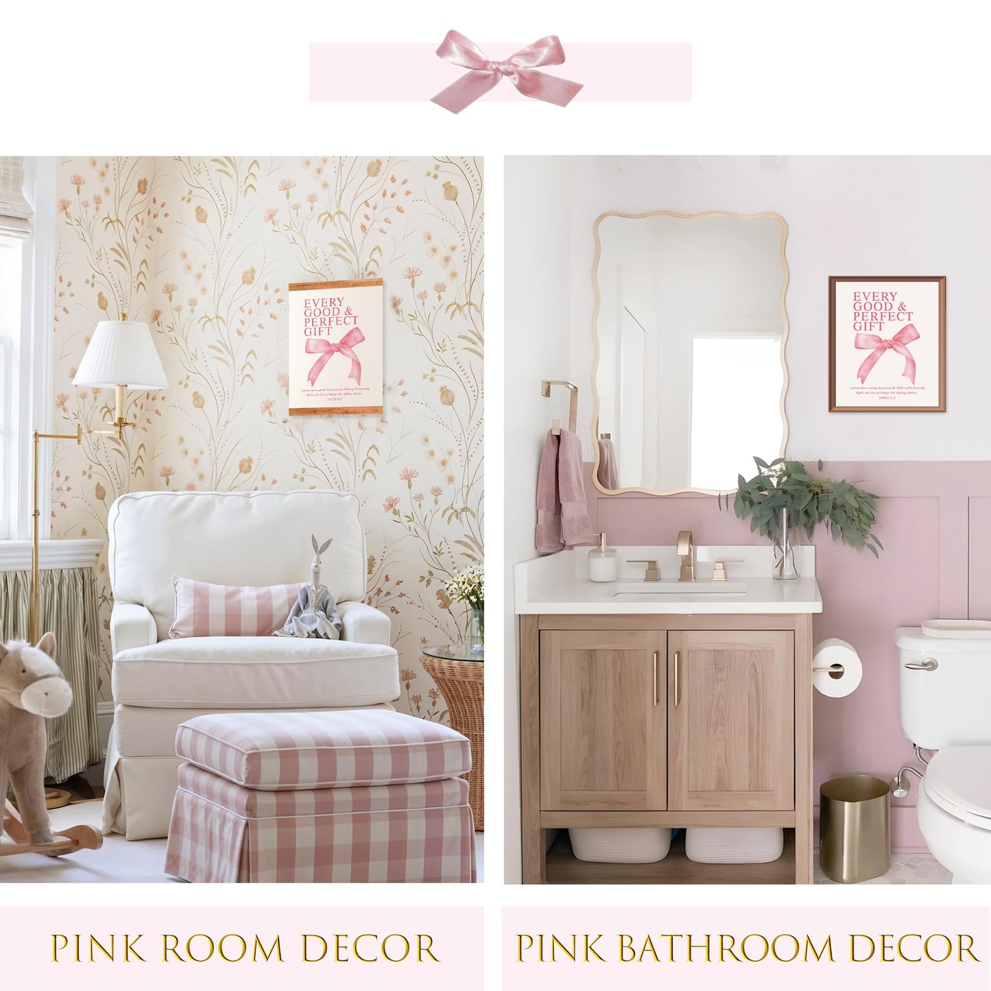 LARTSFRO Coquette Pink Bow Christian Wall Art Decor Posters, Pink Bow Christian Bathroom Room Bedroom Dorm Wall Art Decor Aesthetic for College Teen Girls Gifts,Inspirational Bible Verses Bow Wall Decor, 10x8 Inch Set of 4 Bow Pictures(UNFRAMED)