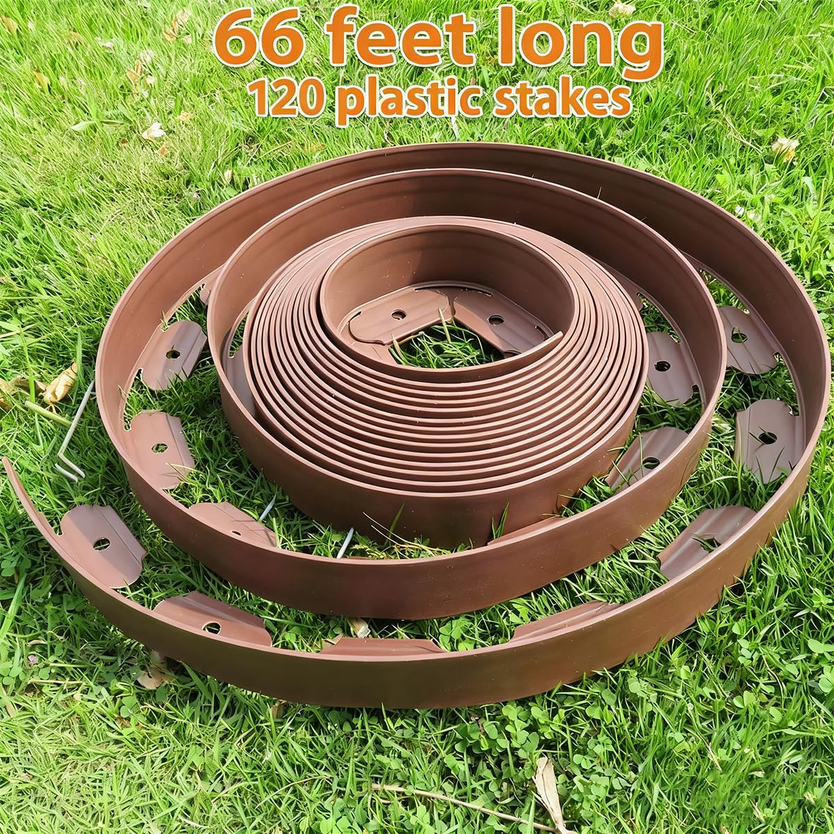 Landscape Edging, No Dig Garden Edging for Lawn Edging,Landscape Border Passway Border and Flower Bed Border (Plastic Stakes, Brown-66feet)