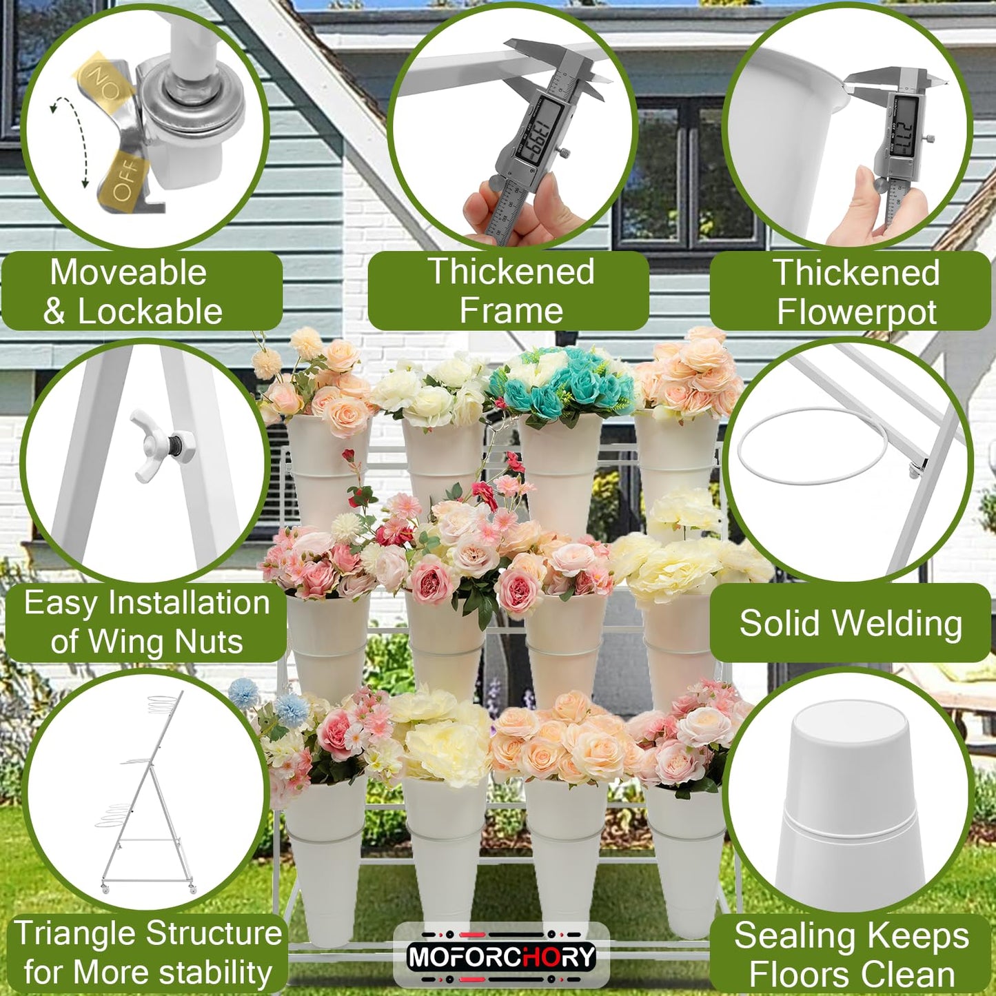 Moforchory flower bar stand, flower display stand with 12 buckets, 3 Layers Flower Cart White Metal Flower Bar Stand with Wheels, Moving Florist Bouquet Shelf for Indoor Outdoor Patio Garden Weddings Florist Living Room