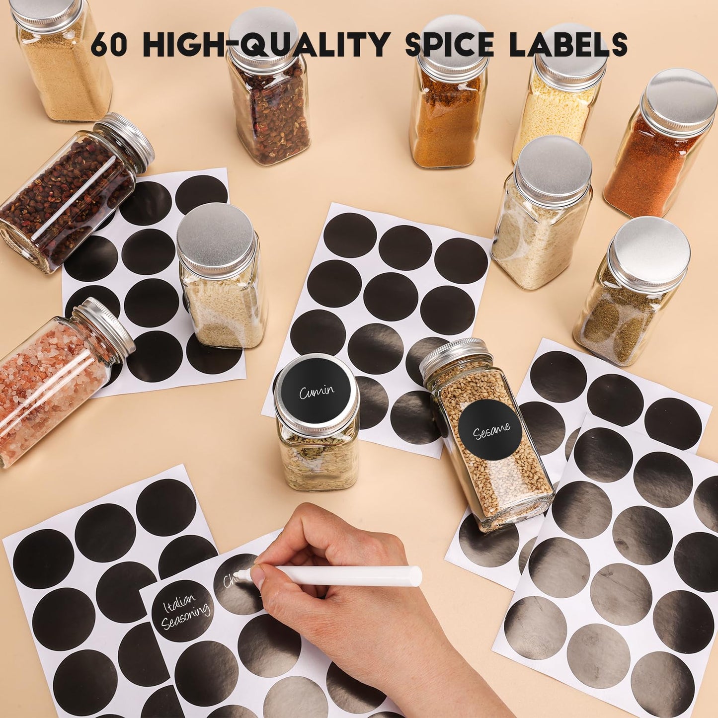 6Pcs Spice Jars with Label, 4oz Empty Square Seasoning Containers, Spice Jars with Shaker Lids, Small Spice Bottles for Salt, Herbs, Sugar, Pepper, Seasoning Jars for Spice Rack, Cabinet, or Drawer