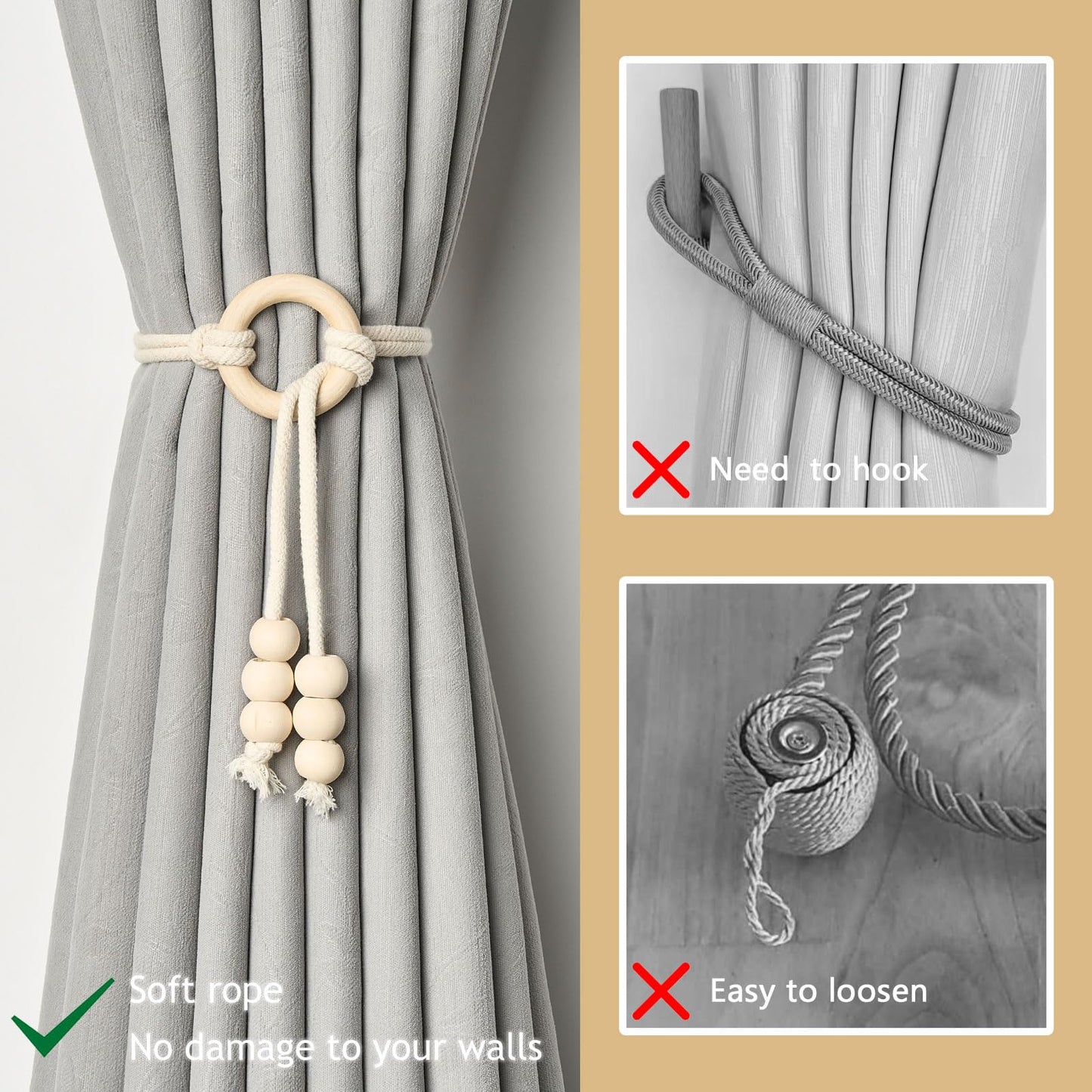 NICEEC 2 Pack Natural Cotton Rope Curtain Tiebacks Boho Style Decorative Drape Tie Backs Elegant Hand Woven Rope Curtain Holdbacks with Wooden Ring for Home & Office Window Drapery (B-Natural)