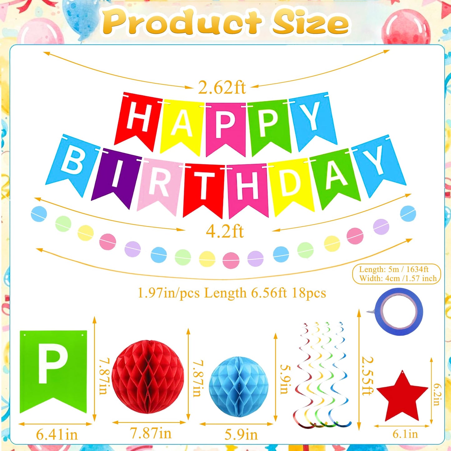XXFBJNMD Colorful Birthday Banner with Honeycomb Balls, Stars, Swirl Streamers, Circle Dots Garland for Birthday Party