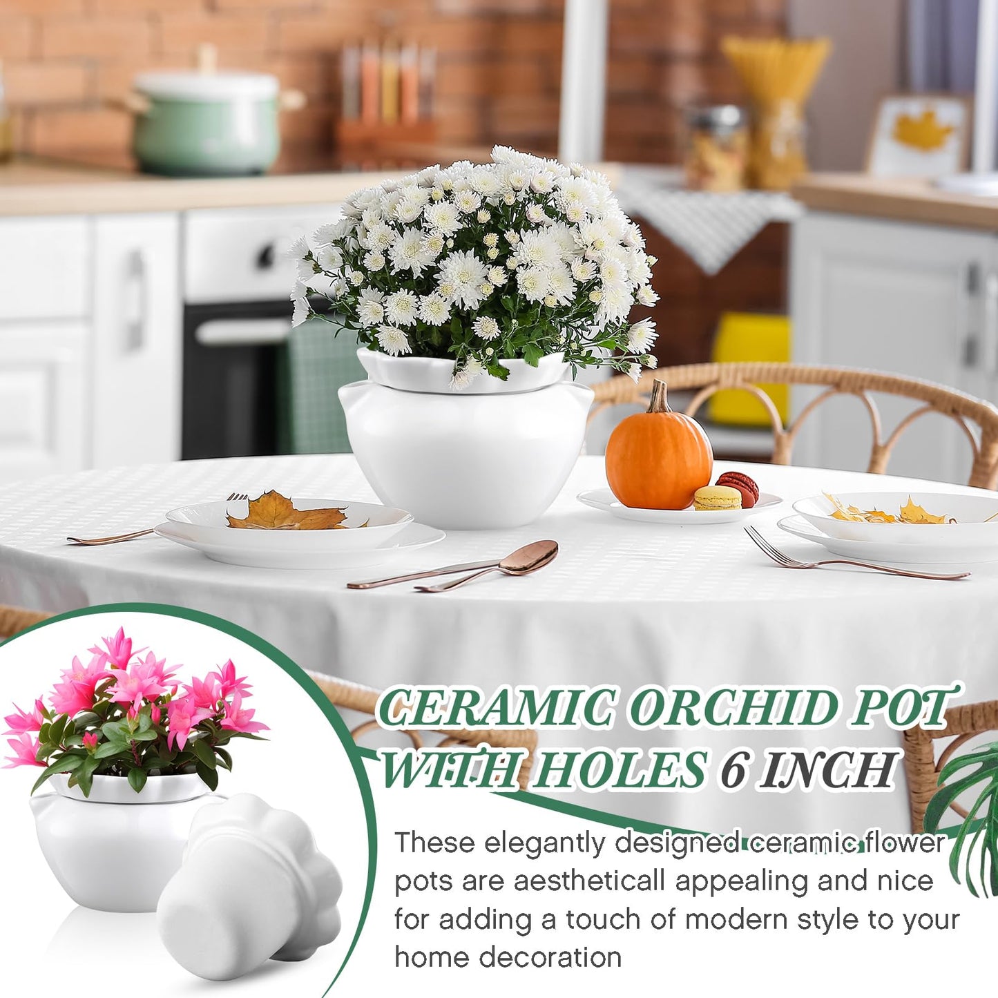 Sunnychicc 1 Set 7.5 Inches African Violet Pots Self Watering White Ceramic Pot for Indoor Plants, Flowerpot with Highly Absorbent Inner Pot for Busy Plant Lovers, Plant Care