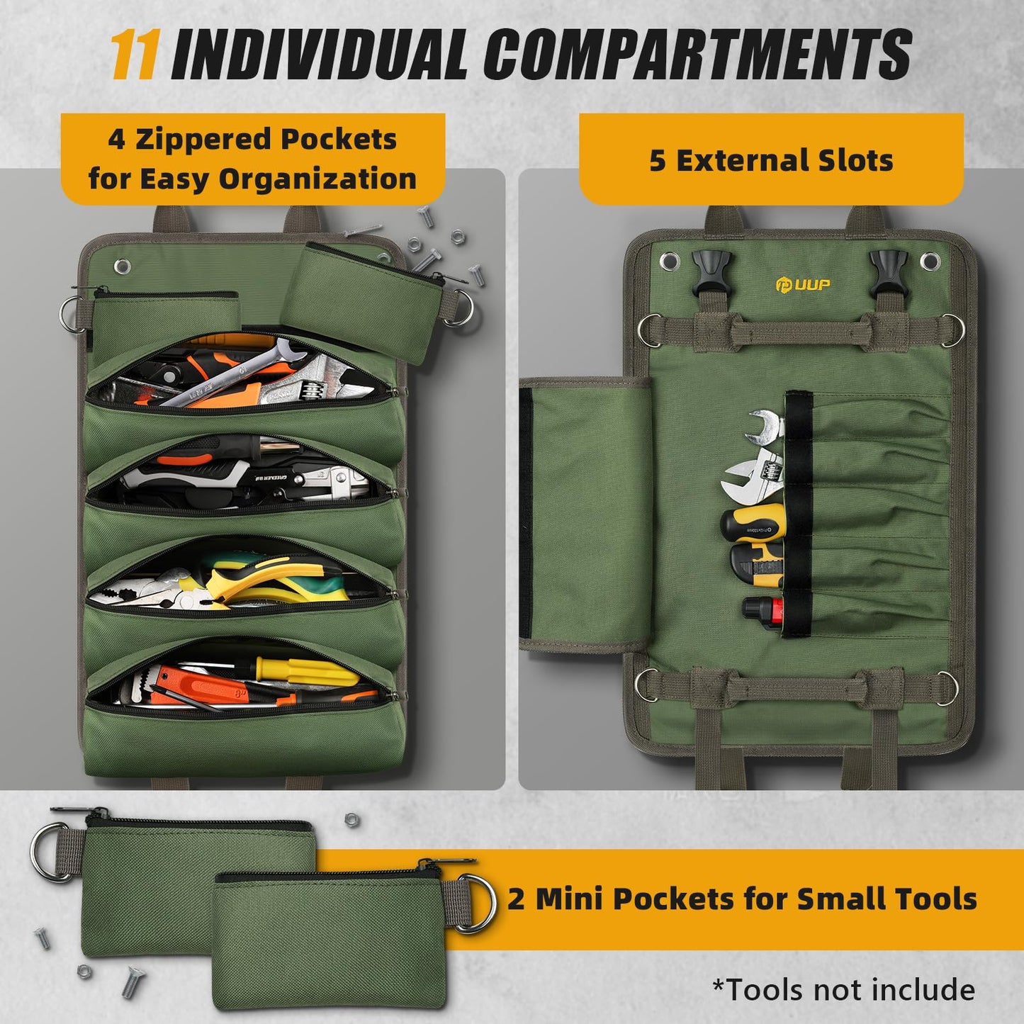Tool Bag Roll Up, UUP Heavy Duty Portable Soft Tool Storage, Foldable Empty Rollup Organizer with Small Pockets, Official Rollable Toolbag, Father Day Gifts for Him Dad Men Mechanic Welding, Green