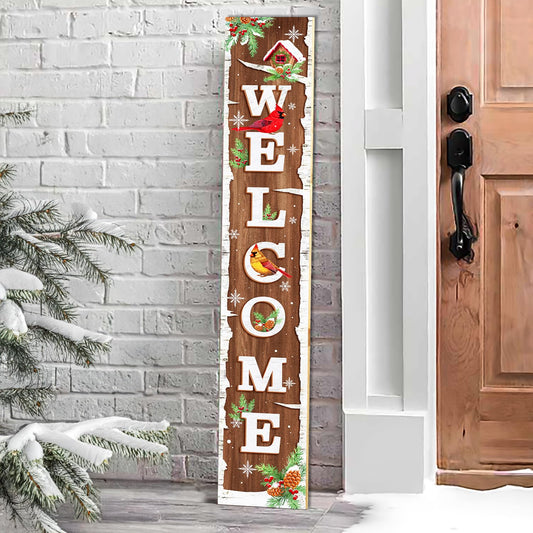 Winter Snow Welcome Porch Sign Decor Birch Tree with Cardinals Wooden Hanging Sign Standing Decorative Signs Plaques for Front Farmhouse Outdoor Indoor Welcome Sign Wall Xmas Winter Decor 47.2"H