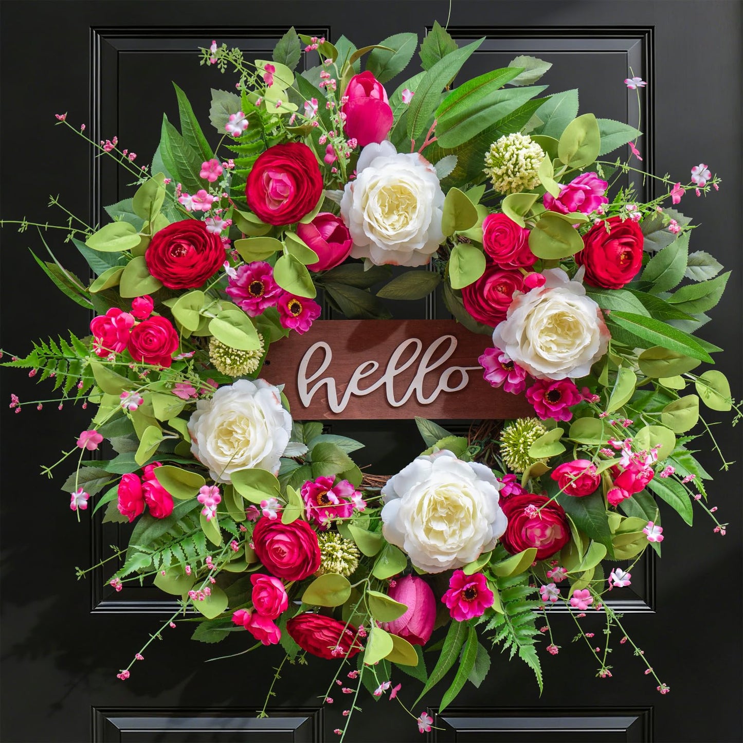 Pinkpuii Spring Wreaths for Front Door Outside– 24 Inch Spring Summer Wreath with Vibrant Pink Peony,Tulip & White Rose Flowers and Hello Wooden Sign,Ideal for Farnhouse Porch,Wall,Window Décor