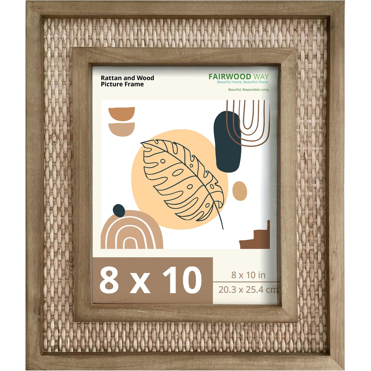 Fairwood Way Rattan Frame for 8x10 Photos, EACH UNIQUE Natural Fir Wood, Handwoven Rattan Mat, Boho Picture Frame, 8x10 picture frame for Wall/Table Mount (12.5" x 14.5" Outer), Coastal Decor