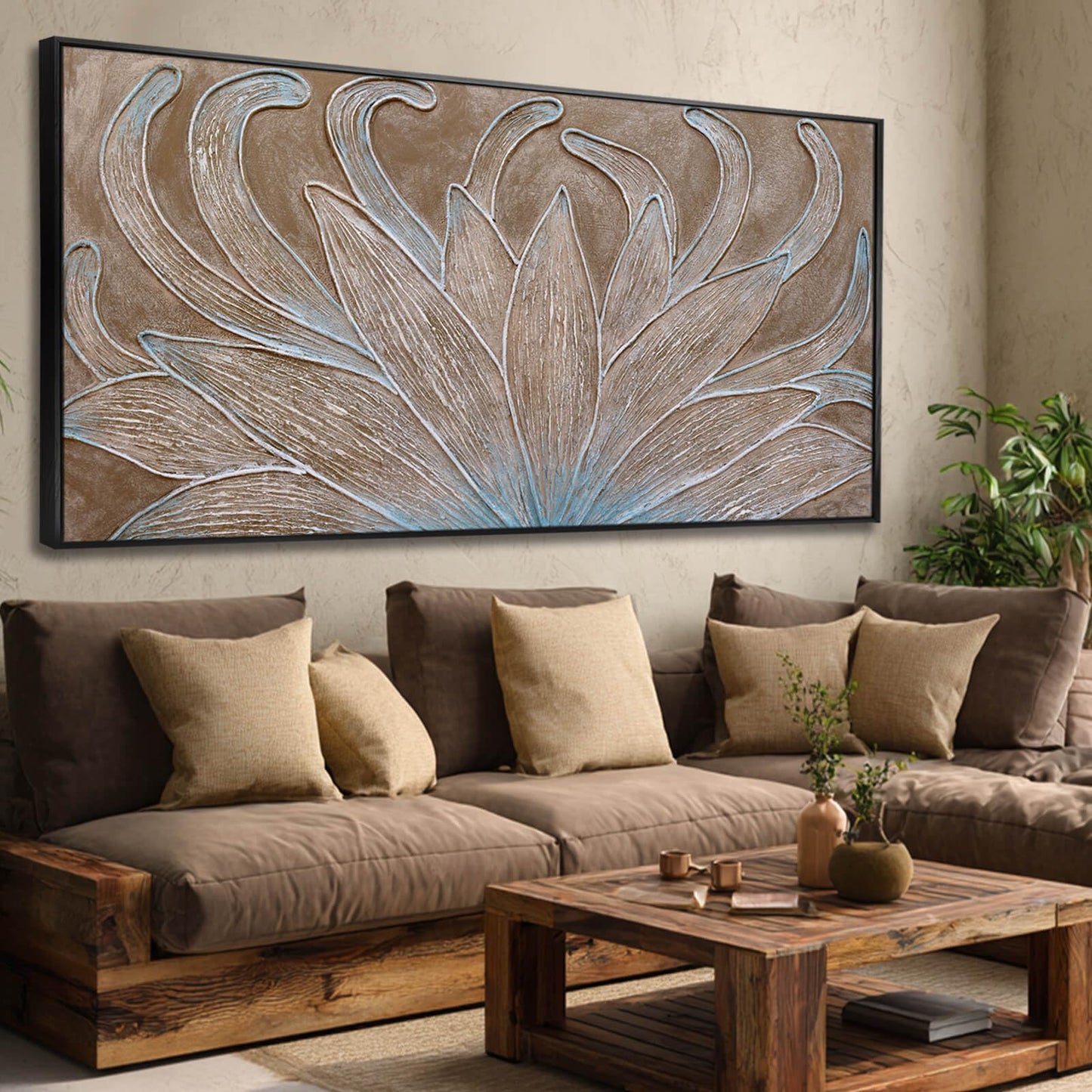 Brown Oil Painting Wall Art Botanical Neutral Floral Flowers Framed Wall Decor Abstract Canvas Pictures Large Artwork for Bedroom Office 29x58 In