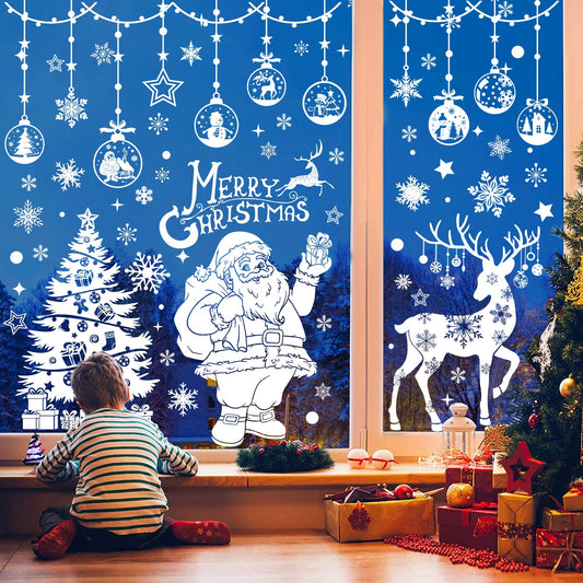 HEEKPEK 163PCS Christmas Window Clings Decorations Large Merry Christmas Double Sided Stickers, Santa Claus Xmas Tree Reindeer Decals for Home Office School (14 Sheets)