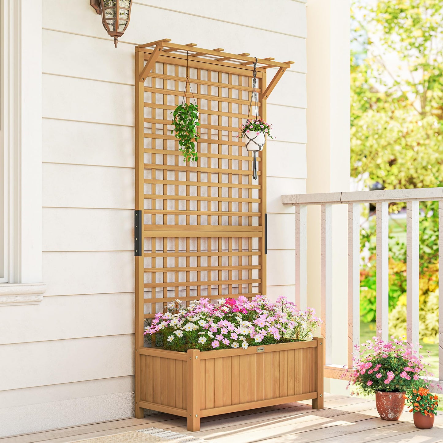 Outsunny Wood Planter with Trellis, Raised Garden Bed for Climbing Plants w/Drainage Holes and Roof, 35.5" x 17.75" x 72", Yellow