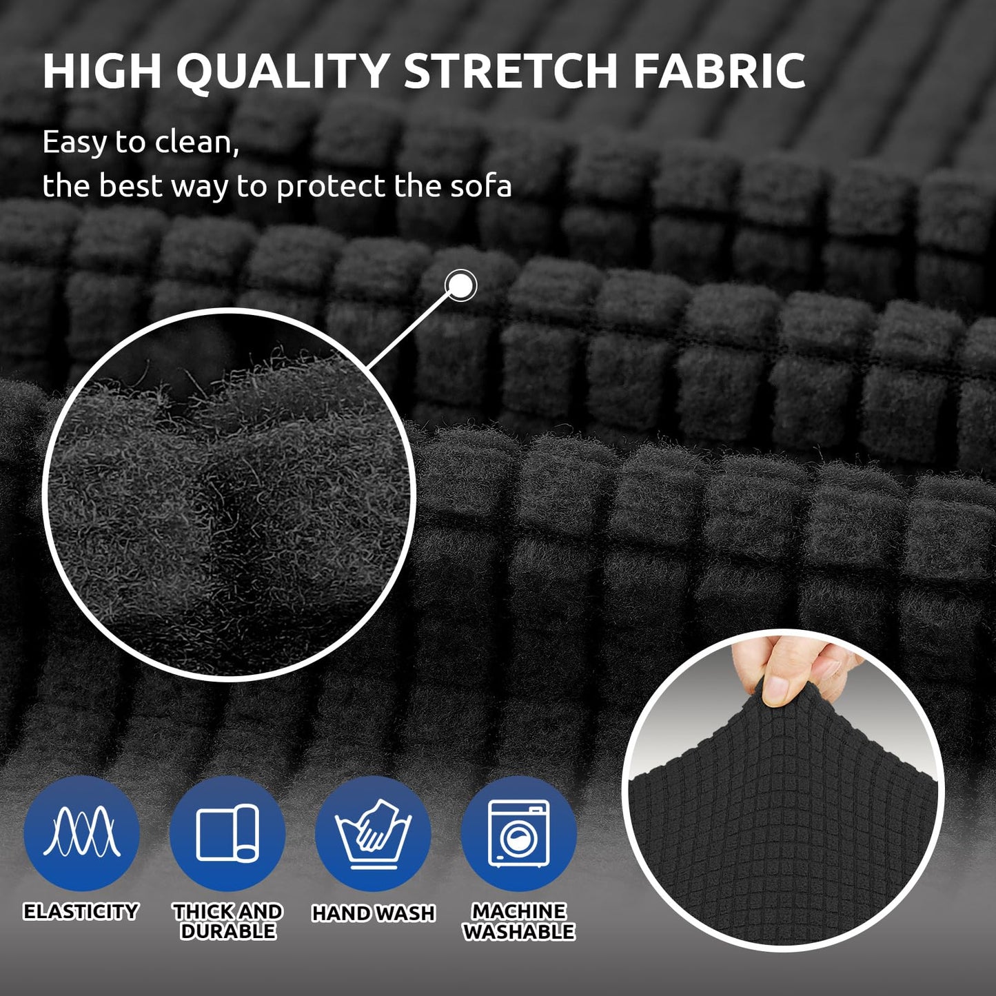 KEKUOU Stretch Sofa Cover Slipcover ，Couch Covers for 3 Cushion Couch Sofa pet Friendly (78"-94") Furniture Protector Sofa with Elastic Bottom for Kids,Dog, Jacquard Small Checked(Large,Black)
