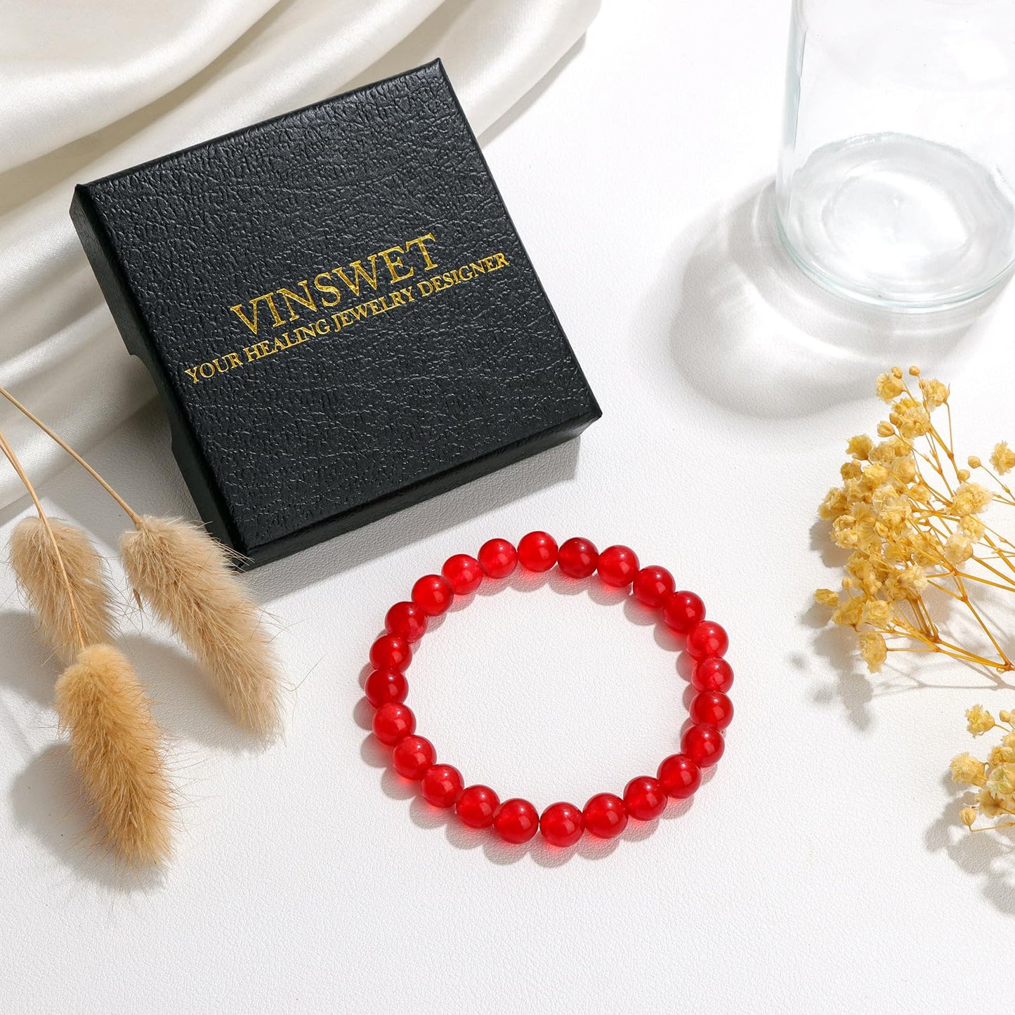 Vinswet Healing Crystal Bracelets for Women Men 8mm Carnelian Natural Stone Beaded Stretch Bracelet Handmade Gemstone Reiki Spiritual Jewelry Gifts