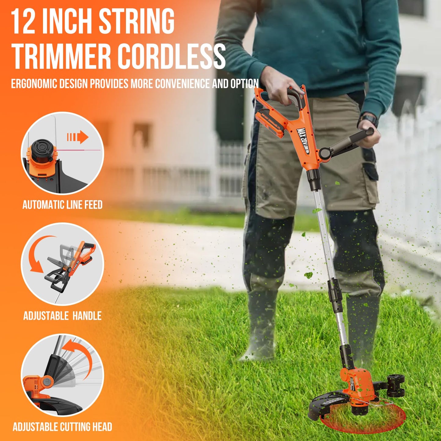 VARSK 12 Inch 20V Cordless Weed Wacker with Automatic Line Feed, 2 in 1 String Trimmer and Edger, Includes 2 X 2.0Ah Batteries/1 X Charger/6 X Replacement Spools, Weed Eater for Lawn, Garden, etc