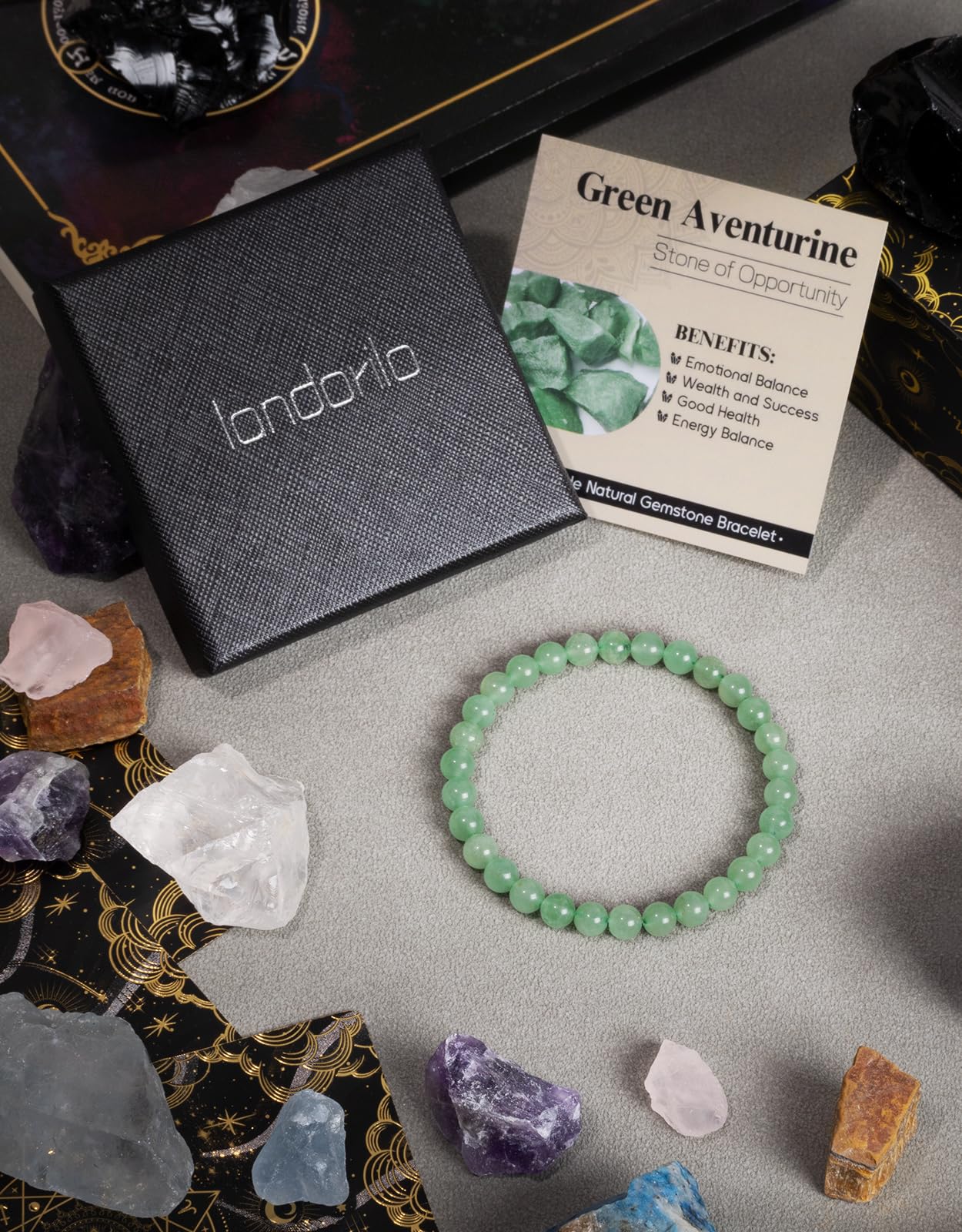 Landorilo Beaded Bracelet for Men Women, 6mm Natural Stone Green Aventurine Healing Crystal Stretch Bracelets, Ideal Christmas Birthday Jewelry Gifts with Energy Card，Replacement Beads Included