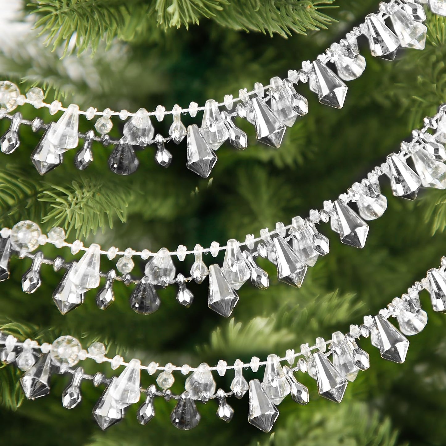 Christmas Tree Bead Decor, 16ft Clear Iridescent Bead Strands Garland Twist Beaded String for Christmas Tree Crystal Xmax Garland Decorations for Home Table Party Wedding Window Door(Silver)