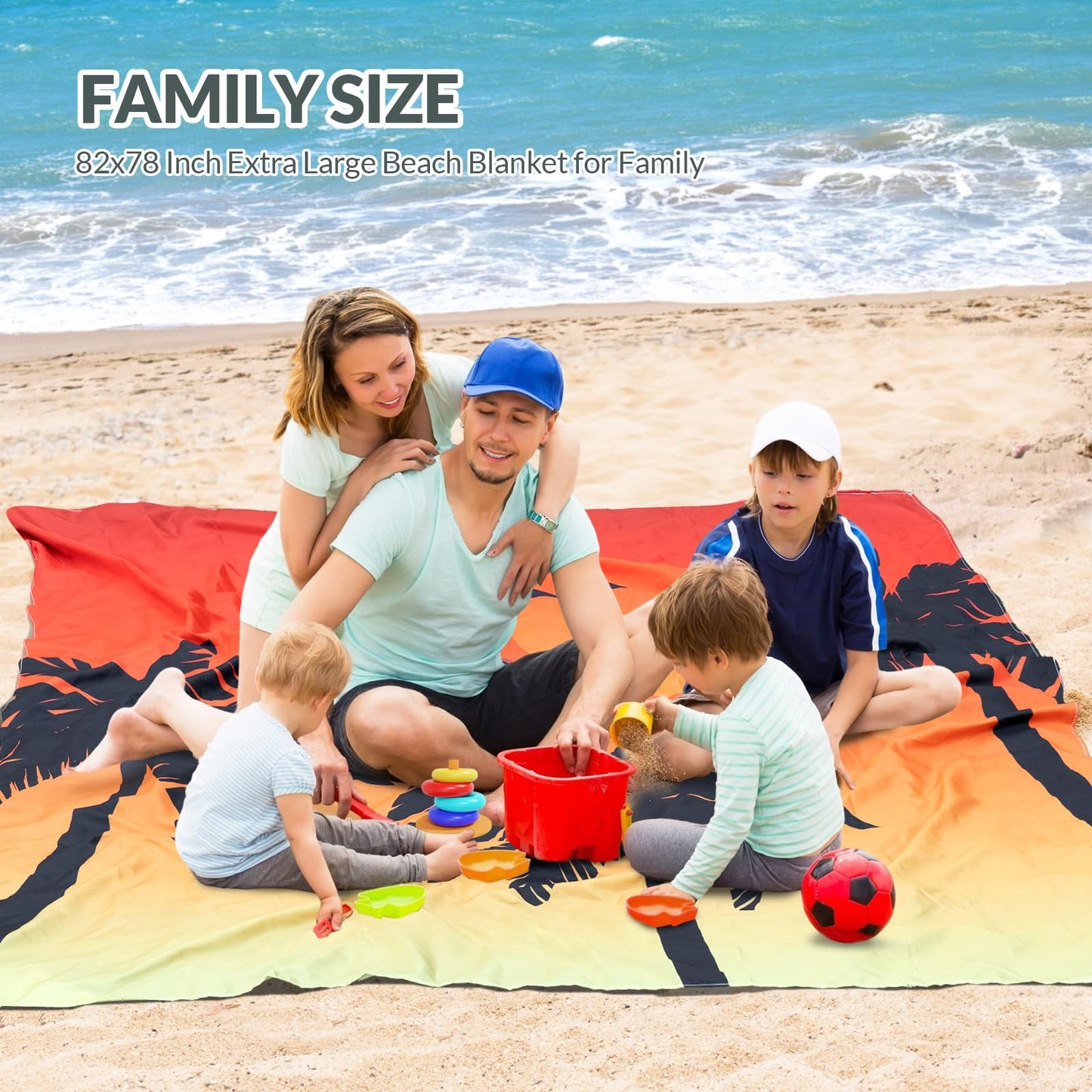 Beach Blanket, Waterproof Sandproof Beach Mat with Stakes and Inflatable Camping Pillow, 79" X 83" Quick Drying Lightweight & Durable Outdoor Picnic Mat with 4 Corner Pockets for Beach Camping