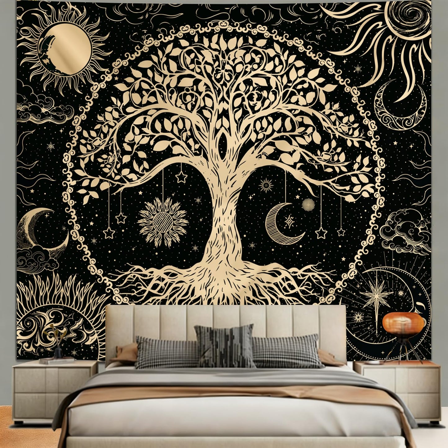 Avinyl Tree of Life Wall Tapestry for Bedroom, Sun and Moon Hippie Tapestries Aesthetic, Black and Gold Wall Hanging Home Decor for Dorm Living Room Office 51in x 60in