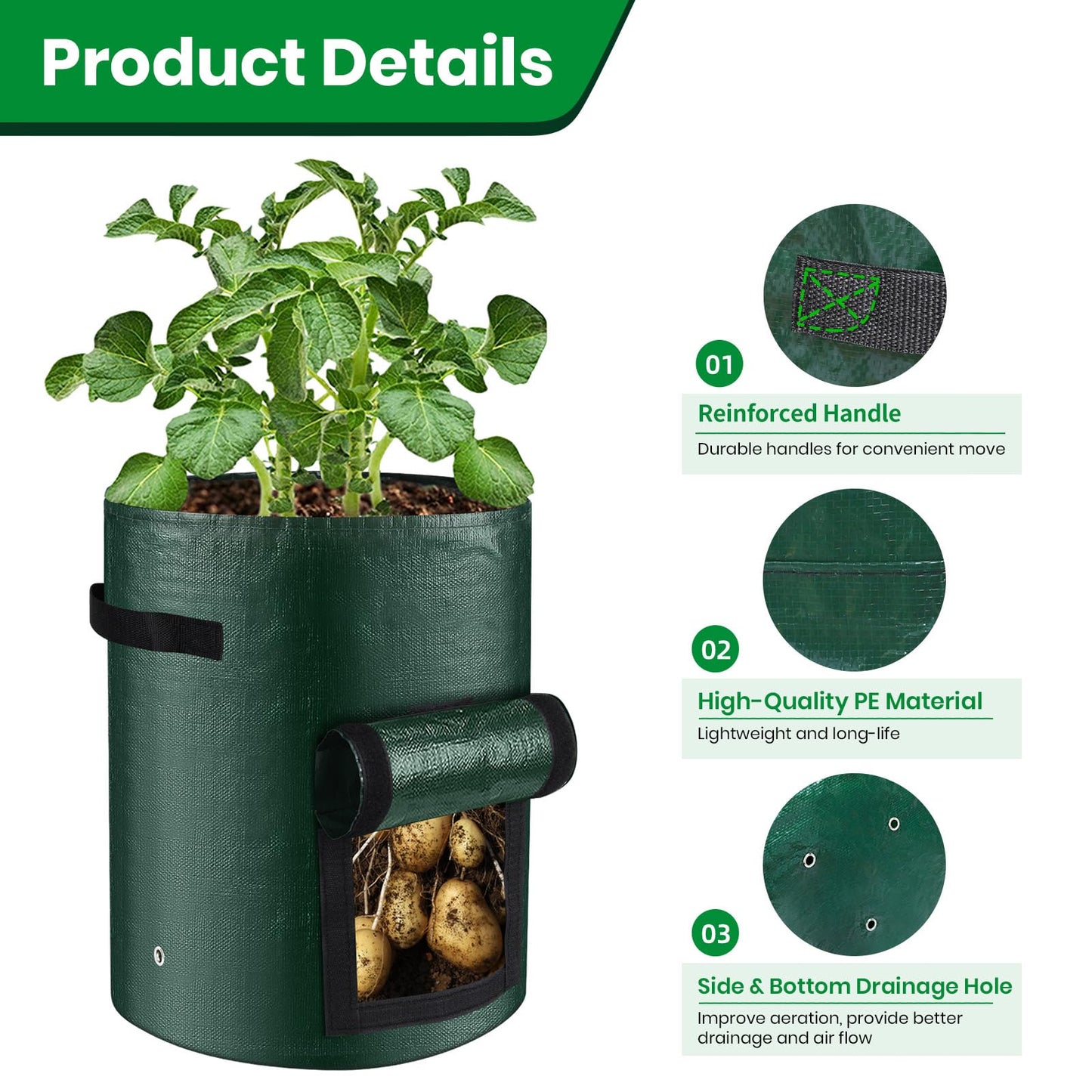 BIJOKETTEN 10 Gallon 8-Pack Grow Bags, Durable PE Fabric Pots with Flap and Handles, Green Planter Bags for Potato Vegetables Flowers Herbs Garden Outdoor, 17.7''x13.8'' Large for All Plants Growing