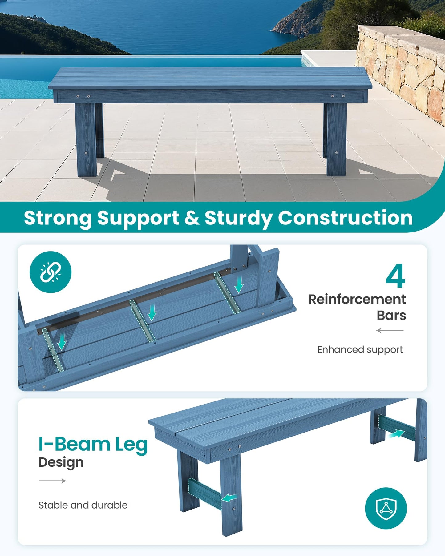 SERWALL 2-Person Outdoor Bench Backless, HDPE Outdoor Benches Weatherproof, 700 Lbs Weight Capacity, Poly Lumber Patio Furniture for Garden, Porch and Park, Navy