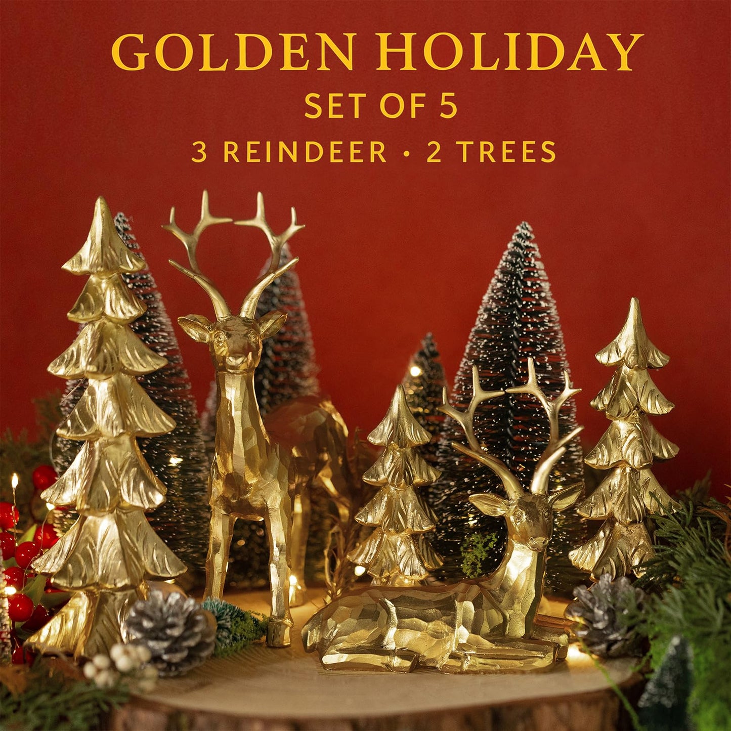 Gleemoria 5pc Gold & Silver Christmas Reindeer & Tree Statue Set; Tabletop Decor; Gold Deer Figurines