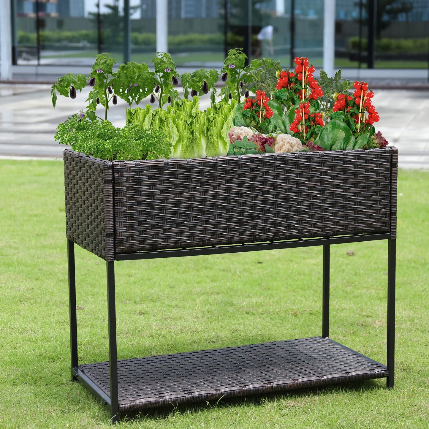 Chonsun Raised Garden Bed - 3x1.5x2.5 ft Rattan Raised Bed Wicker Elevated Raised Garden Bed with Underneath Tool Storage Rack Shelf, Outdoor Raised Flower Planter Box