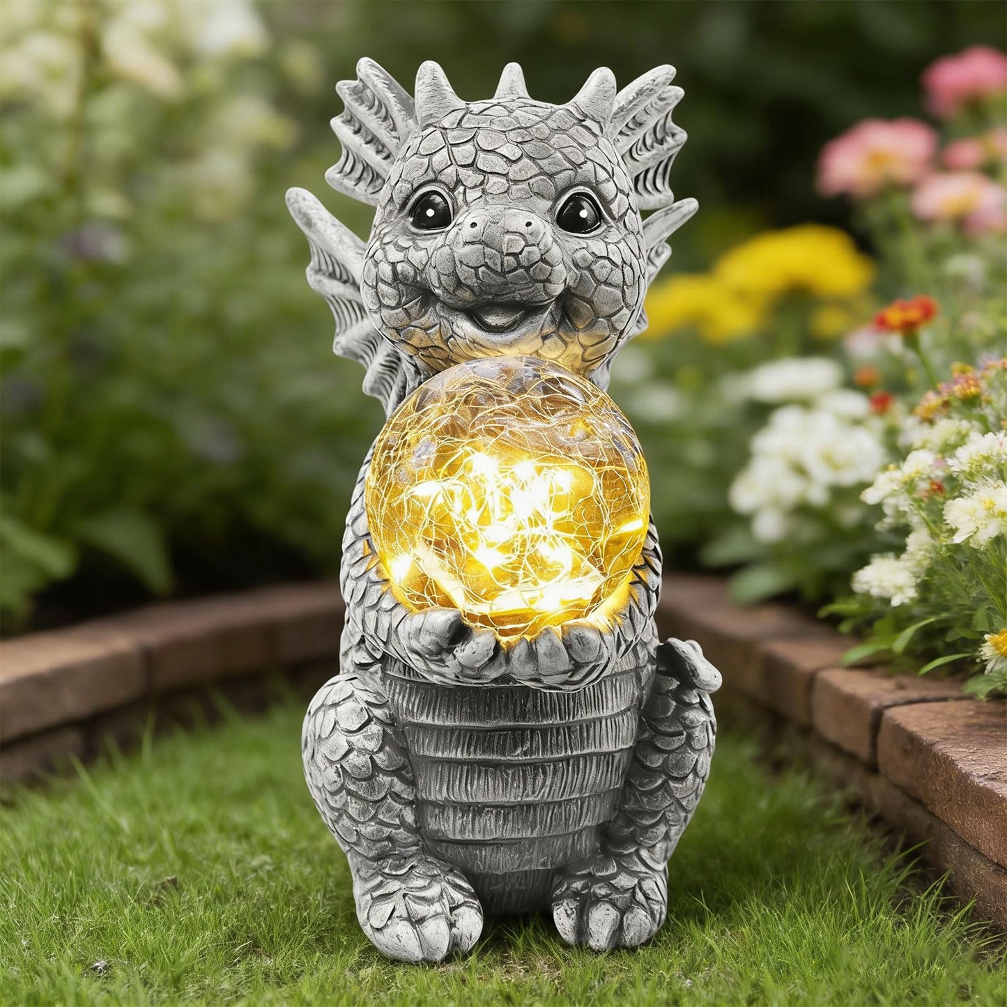 Newinhome Solar Garden Decorations - Dragon Statue with Crackle Glass Ball Light - Garden Decor for Patio, Yard, Lawn, Pathway, Landescape - Housewarming Gifts - Dragon Gifts for Women Mom Grandmom