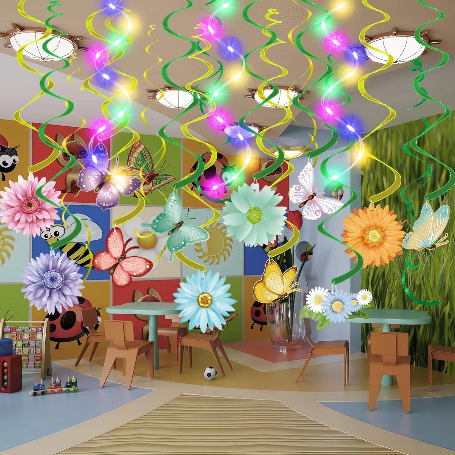 33pcs Spring Hanging Decorations for Home - Flower Butterfly Hanging Swirls with Led Lights for Spring Summer Easter Flower Butterfly Themed Birthday Party Decorations