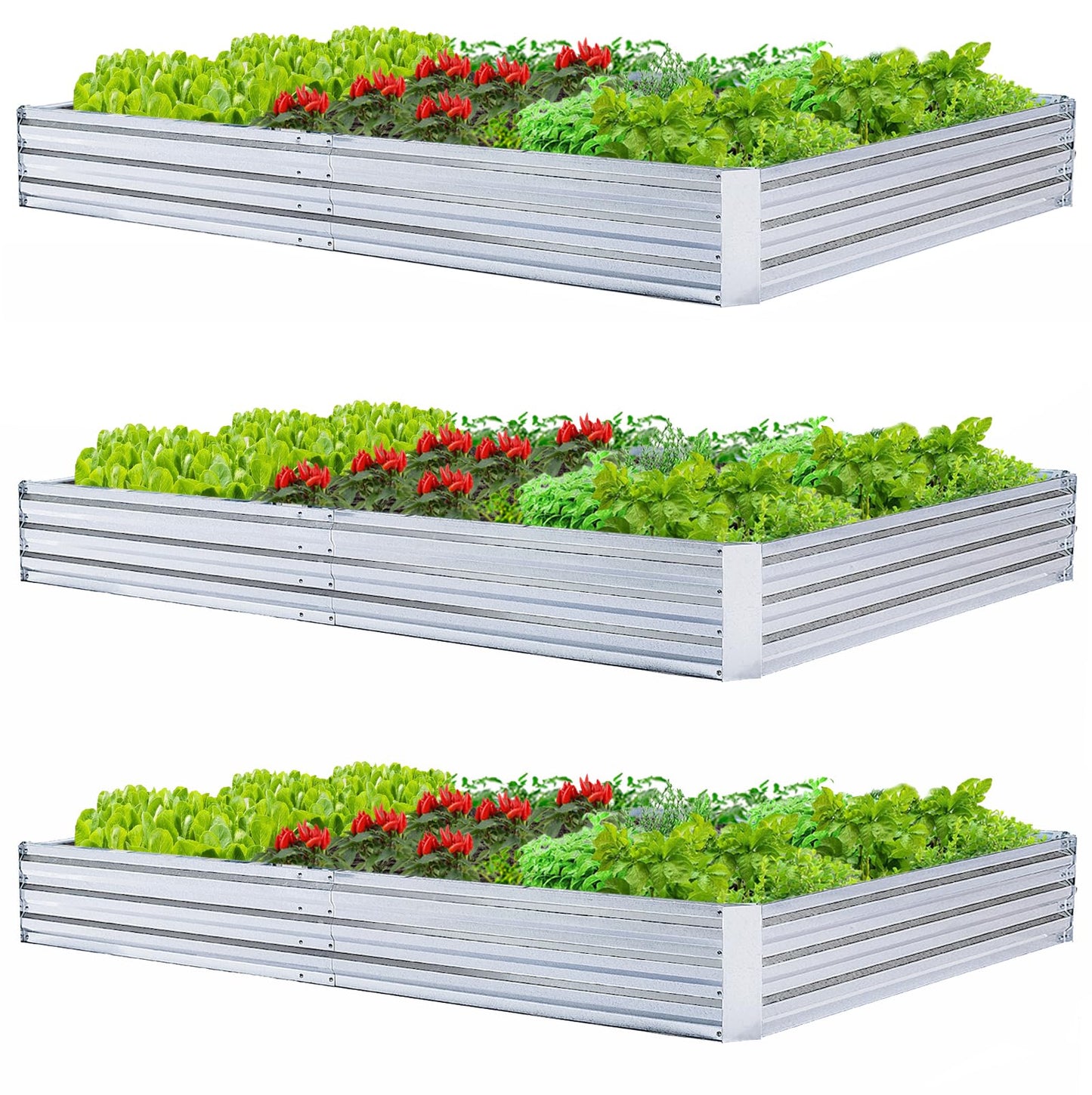 FOYUEE Galvanized Raised Garden Beds 3-Pack (8x4x1ft Each) – Overlapping 4-Inch Panels with Two-Row Screws, Heavy-Duty Metal Planter Box for Vegetables, Herbs, Flowers, Large Garden Kit