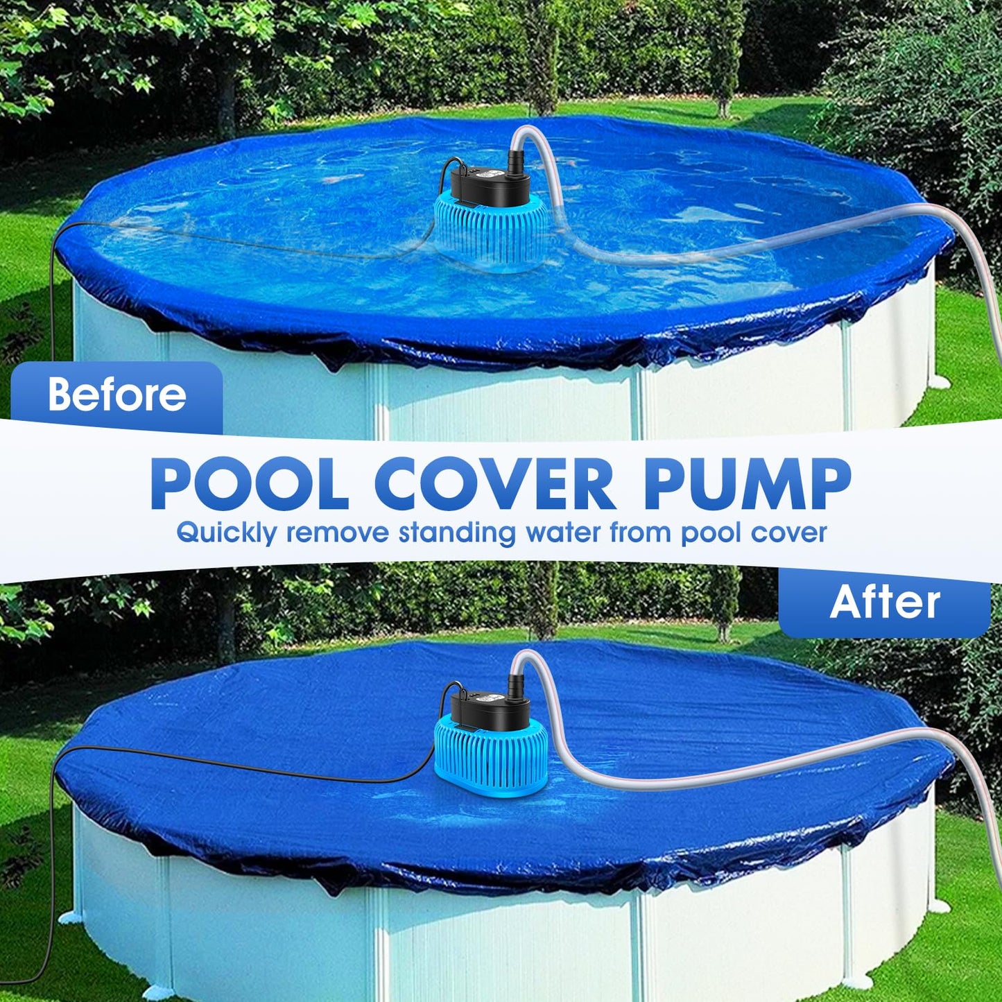 Pool Cover Pump Above Ground, Automatic Water Sensor, Sump Pump for Pool Draining, Pool Cover Water Removal 4 Adapters, 16ft Hose & 25ft Power Cord, 850 GPH (Blue)